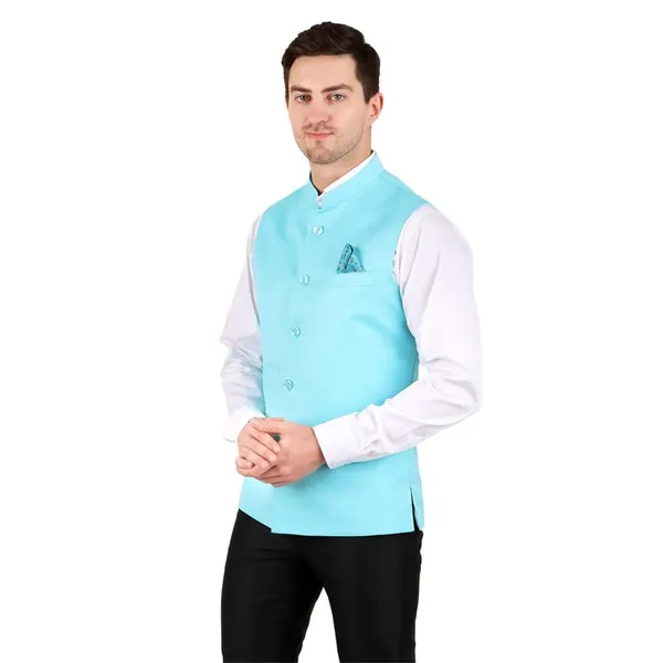Gracyshade_Men’S_Nehru/Modi_Jacket_(Waistcoat)_Along-With_Inner_Pocket_-_Premium_Cotton_Fabric_With_Polyester_Lining,_Sleeveless_Regular_Fit_For_Festivals_And_Casuals_-_Sky_Blue_-_34