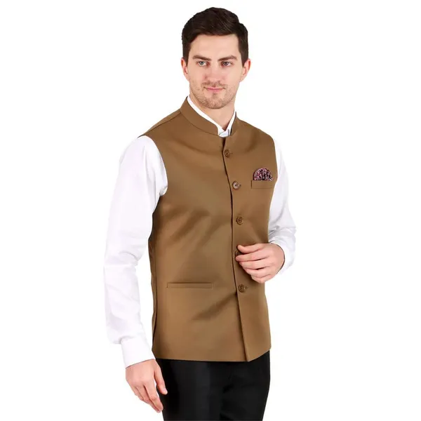 Gracyshade_Men’S_Nehru/Modi_Jacket_(Waistcoat)_Along-With_Inner_Pocket_-_Premium_Cotton_Fabric_With_Polyester_Lining,_Sleeveless_Regular_Fit_For_Festivals_And_Casuals_-_Light_Brown_-_34