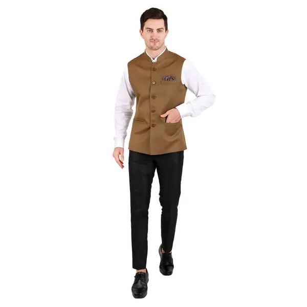 Gracyshade_Men’S_Nehru/Modi_Jacket_(Waistcoat)_Along-With_Inner_Pocket_-_Premium_Cotton_Fabric_With_Polyester_Lining,_Sleeveless_Regular_Fit_For_Festivals_And_Casuals_-_Light_Brown_-_34