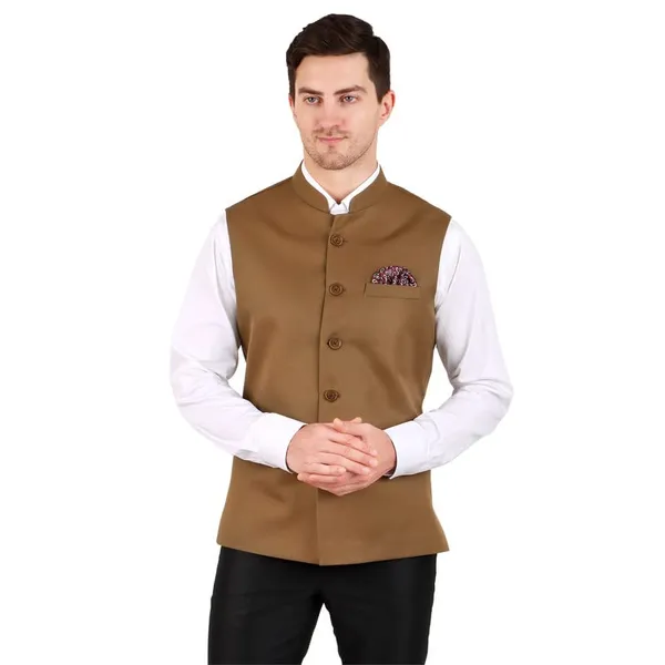 Gracyshade_Men’S_Nehru/Modi_Jacket_(Waistcoat)_Along-With_Inner_Pocket_-_Premium_Cotton_Fabric_With_Polyester_Lining,_Sleeveless_Regular_Fit_For_Festivals_And_Casuals_-_Light_Brown_-_34