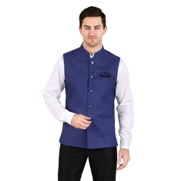Gracyshade_Men’S_Nehru/Modi_Jacket_(Waistcoat)_Along-With_Inner_Pocket_-_Premium_Jute_Fabric_Lining,_Stylish_Sleeveless_Regular_Fit_Waistcoat_For_Festive,_Casual,_Or_Occasional_-_Blue_-_34