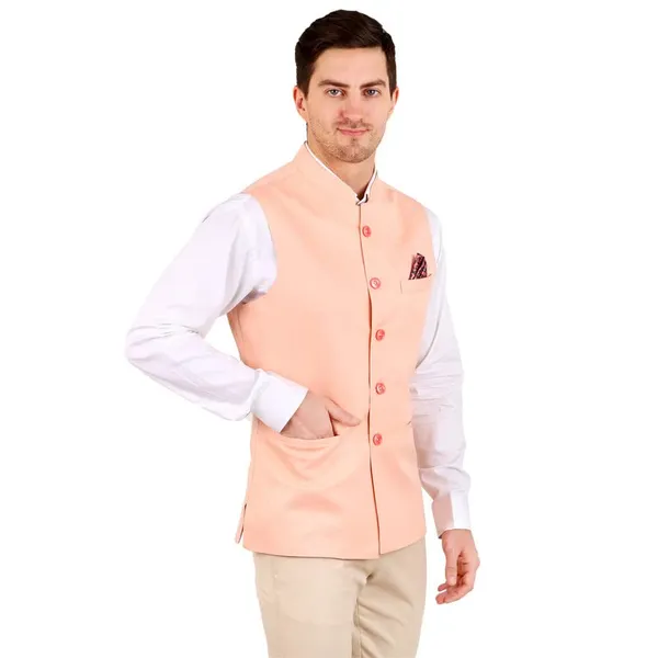 Gracyshade_Men’S_Nehru/Modi_Jacket_(Waistcoat)_Along-With_Inner_Pocket_-_Premium_Cotton_Fabric_With_Polyester_Lining,_Sleeveless_Regular_Fit_For_Festivals_And_Casuals_-_Peach_-_34