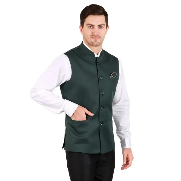 Gracyshade_Men’S_Nehru/Modi_Jacket_(Waistcoat)_Along-With_Inner_Pocket_-_Premium_Cotton_Fabric_With_Polyester_Lining,_Sleeveless_Regular_Fit_For_Festivals_And_Casuals_-_Dark_Bottle_Green_-_34