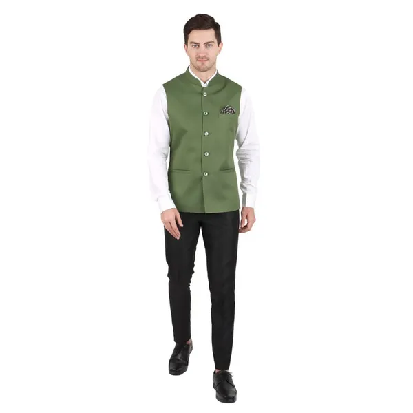 Gracyshade_Men’S_Nehru/Modi_Jacket_(Waistcoat)_Along-With_Inner_Pocket_-_Premium_Cotton_Fabric_With_Polyester_Lining,_Sleeveless_Regular_Fit_For_Festivals_And_Casuals_-_Olive_Green_-_34