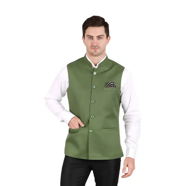 Gracyshade_Men’S_Nehru/Modi_Jacket_(Waistcoat)_Along-With_Inner_Pocket_-_Premium_Cotton_Fabric_With_Polyester_Lining,_Sleeveless_Regular_Fit_For_Festivals_And_Casuals_-_Olive_Green_-_34