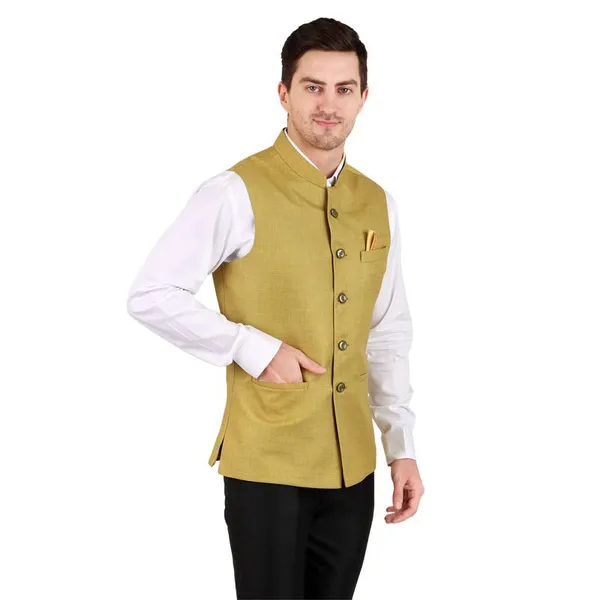 Gracyshade_Men’S_Nehru/Modi_Jacket_(Waistcoat)_Along-With_Inner_Pocket_-_Premium_Jute_Fabric_Lining,_Stylish_Sleeveless_Regular_Fit_Waistcoat_For_Festive,_Casual,_Or_Occasional_-_Olive_Green_-_34