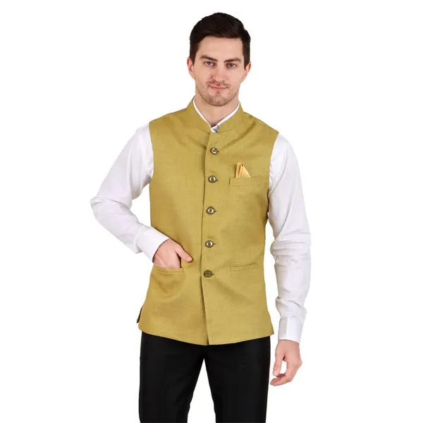 Gracyshade_Men’S_Nehru/Modi_Jacket_(Waistcoat)_Along-With_Inner_Pocket_-_Premium_Jute_Fabric_Lining,_Stylish_Sleeveless_Regular_Fit_Waistcoat_For_Festive,_Casual,_Or_Occasional_-_Olive_Green_-_34