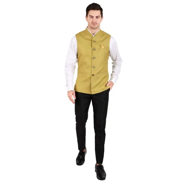 Gracyshade_Men’S_Nehru/Modi_Jacket_(Waistcoat)_Along-With_Inner_Pocket_-_Premium_Jute_Fabric_Lining,_Stylish_Sleeveless_Regular_Fit_Waistcoat_For_Festive,_Casual,_Or_Occasional_-_Olive_Green_-_34
