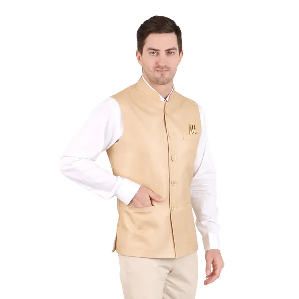 Gracyshade_Men’S_Nehru/Modi_Jacket_(Waistcoat)_Along-With_Inner_Pocket_-_Premium_Jute_Fabric_Lining,_Stylish_Sleeveless_Regular_Fit_Waistcoat_For_Festive,_Casual,_Or_Occasional_-_Dark_Fawn_-_34