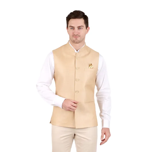 Gracyshade_Men’S_Nehru/Modi_Jacket_(Waistcoat)_Along-With_Inner_Pocket_-_Premium_Jute_Fabric_Lining,_Stylish_Sleeveless_Regular_Fit_Waistcoat_For_Festive,_Casual,_Or_Occasional_-_Dark_Fawn_-_34