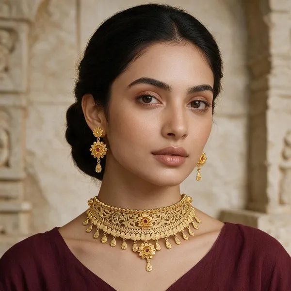 Premium_Gold_Plated__Floral_Choker_Necklace_Set_For_Women