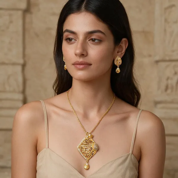 Premium_Gold_Plated__Stone_Studded_Pendant_And_Earring_Set_For_Women