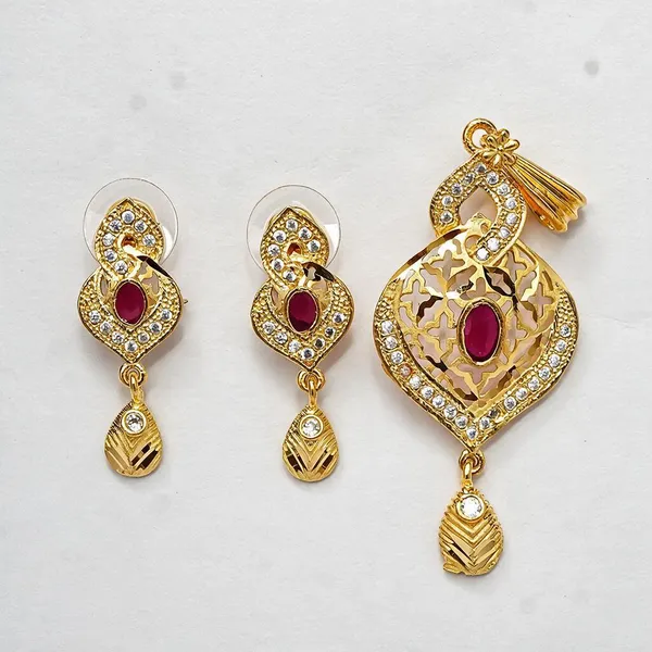 Premium_Gold_Plated__Pink_Stone_Pendant_And_Earring_Set_For_Women