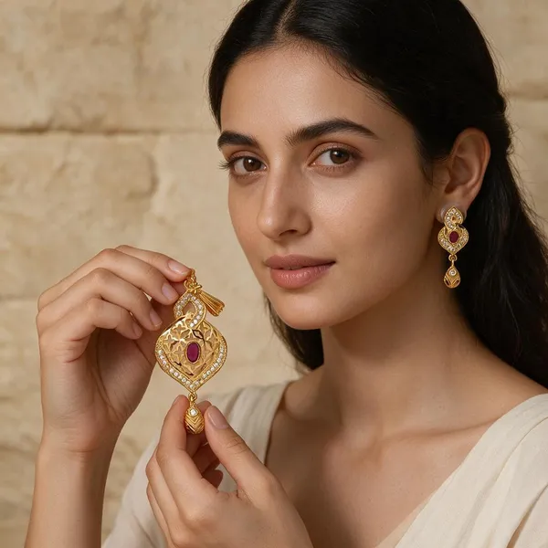 Premium_Gold_Plated__Pink_Stone_Pendant_And_Earring_Set_For_Women