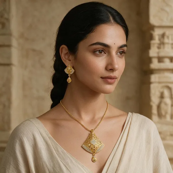 Premium_Gold_Plated__Filigree_Pendant_And_Earring_Set_For_Women