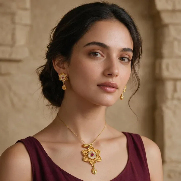 Premium_Gold_Plated__Floral_Pendant_And_Earring_Set_For_Women