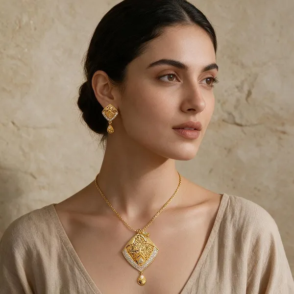 Premium_Gold_Plated__Traditional_Pendant_And_Earring_Set_For_Women
