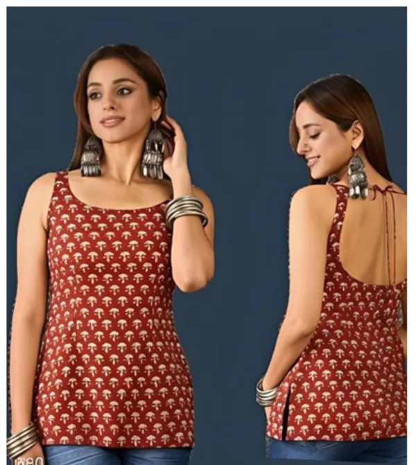 Red_Cotton_Sleeveless_Printed_Short_Kurti_For_Women