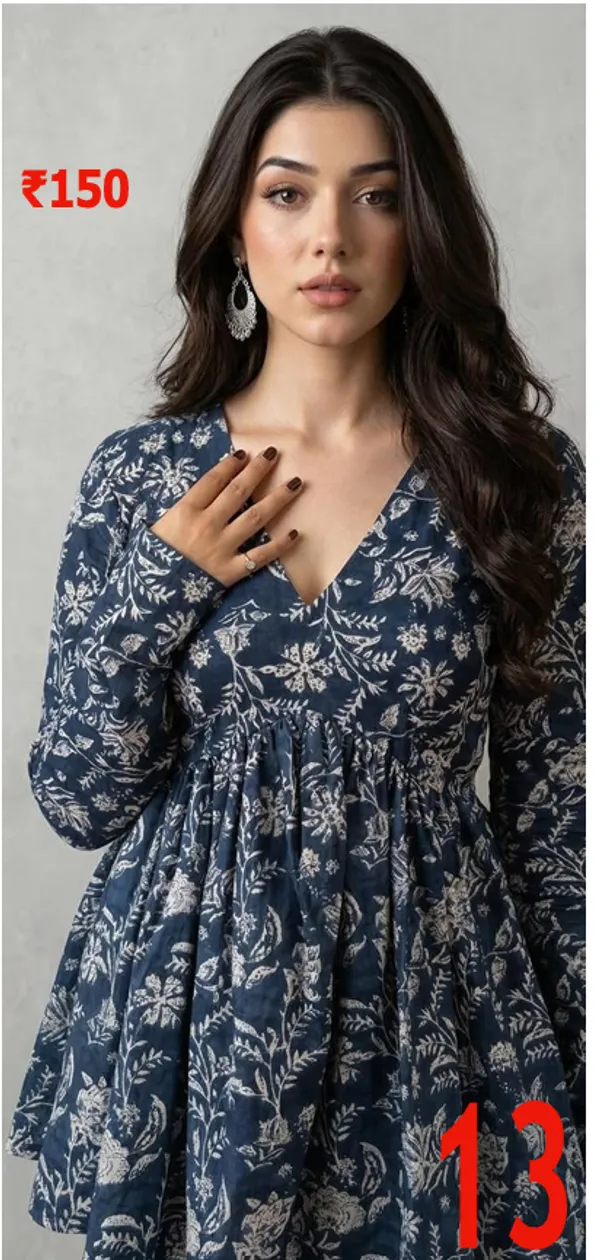 Blue_Cotton_Floral_Print_Flared_Kurti_For_Women
