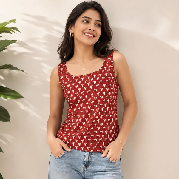 Red_Cotton_Sleeveless_Printed_Short_Kurti_For_Women