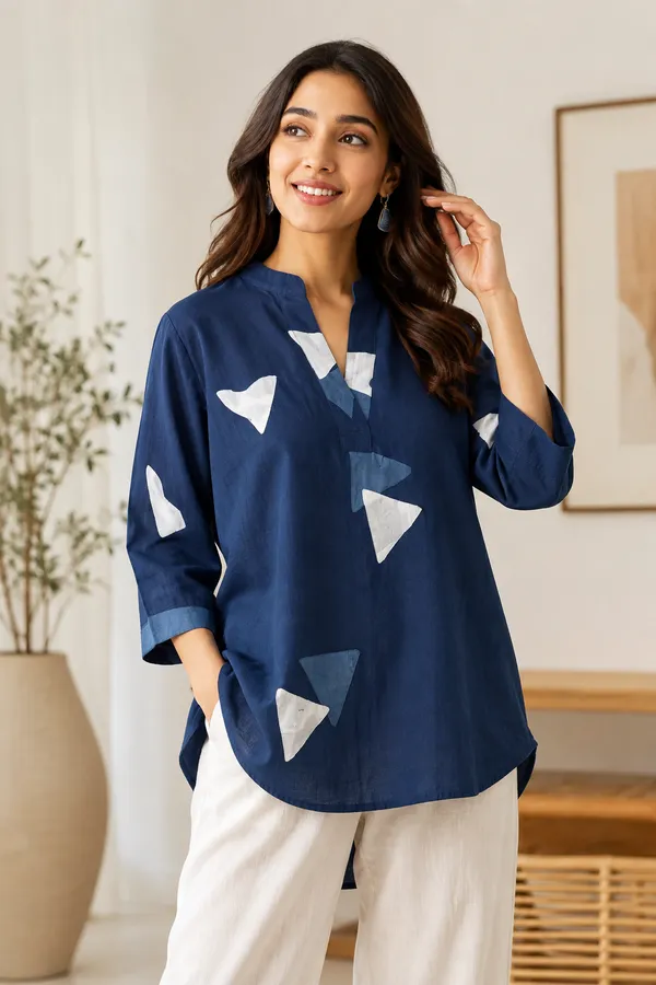 Blue_Cotton_Cambric_Geometric_Print_Tunic_Top_For_Women