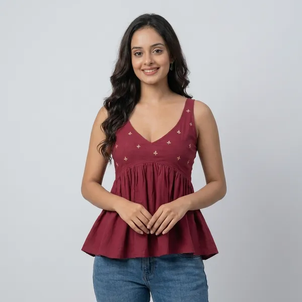 Maroon_Cotton_Sleeveless_Flared_Printed_Top_For_Women