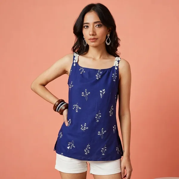 Blue_Cotton_Sleeveless_Floral_Print_Top_For_Women
