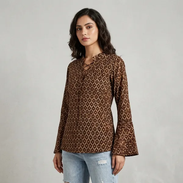 Brown_Cotton_Cambric_Geometric_Print_Top_For_Women