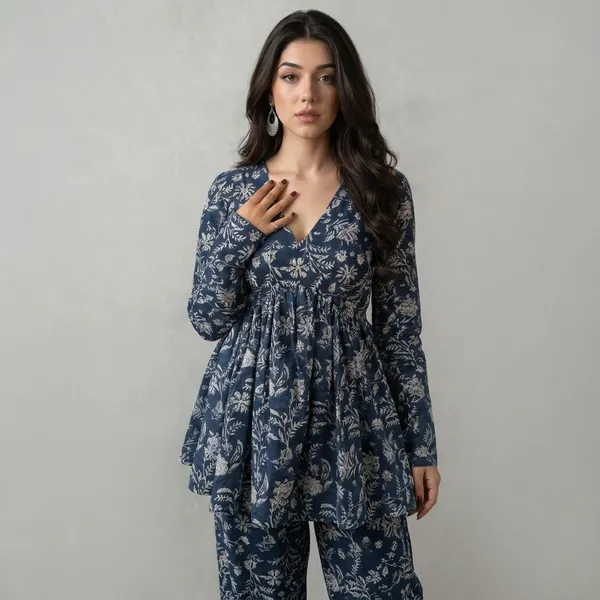 Blue_Cotton_Floral_Print_Flared_Kurti_For_Women