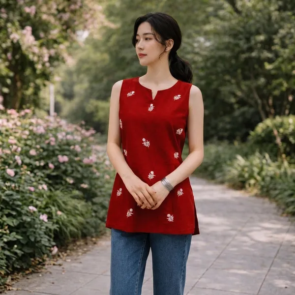 Red_Cotton_Sleeveless_Floral_Print_Short_Kurti_For_Women