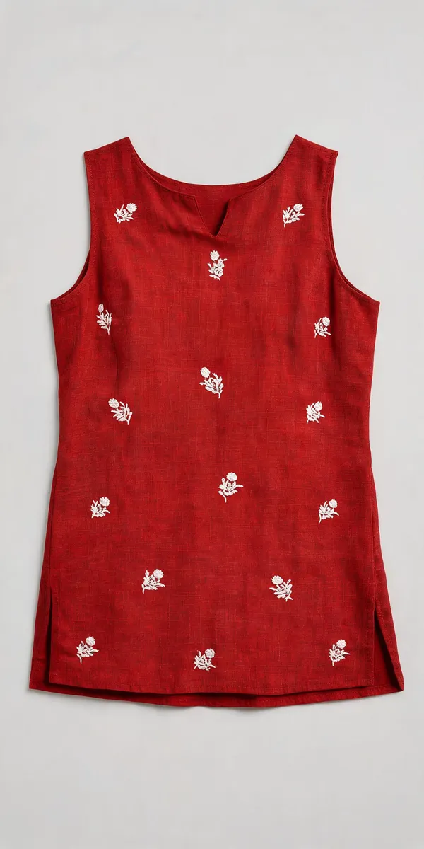 Red_Cotton_Sleeveless_Floral_Print_Short_Kurti_For_Women