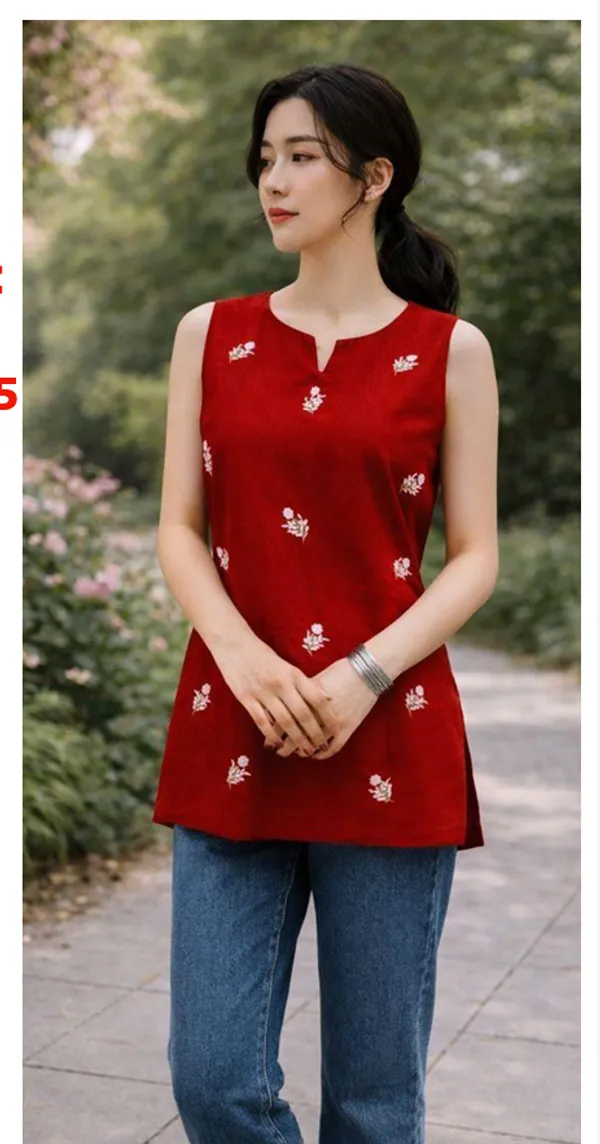 Red_Cotton_Sleeveless_Floral_Print_Short_Kurti_For_Women