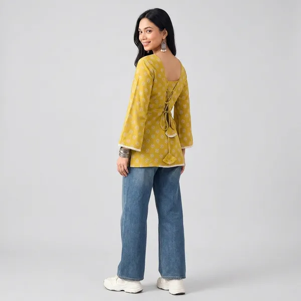 Mustard_Cotton_Flared_Printed_Kurti_For_Women