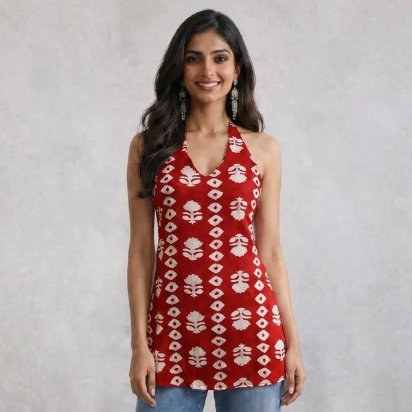 Red_Rayon_Halter_Neck_Printed_Kurti_For_Women
