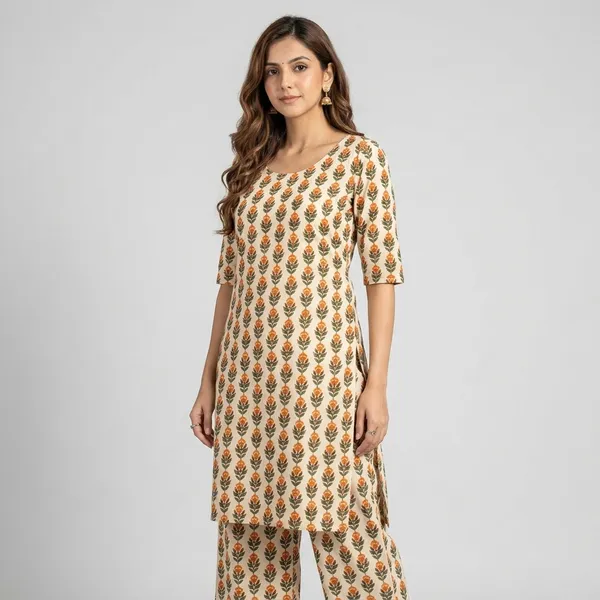 Cream_Cotton_Floral_Print_Short_Kurti_For_Women