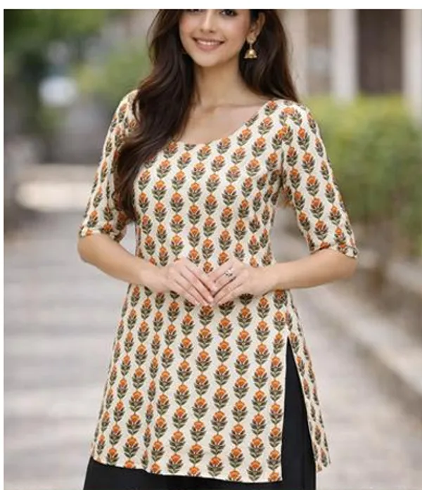 Cream_Cotton_Floral_Print_Short_Kurti_For_Women