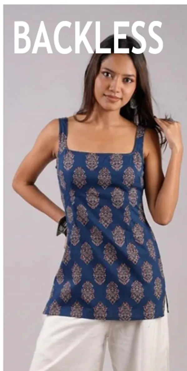 Blue_Cotton_Cambric_Sleeveless_Straight_Kurti_For_Women