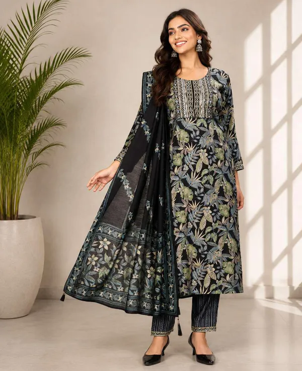 Black_Floral_Print_Straight_Suit_Set_For_Women