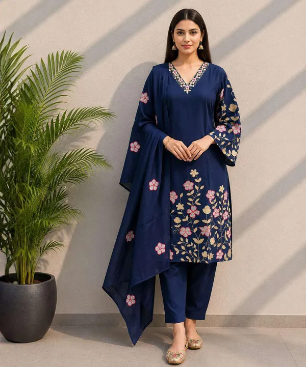 Navy_Blue_Floral_Print_Three_Piece_Suit_Set_For_Women