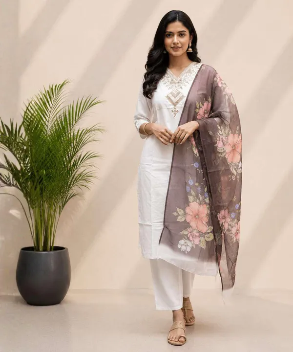White_Embellished_Kurta_Set_With_Floral_Dupatta_For_Women