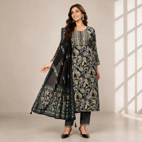 Black_Floral_Print_Straight_Suit_Set_For_Women