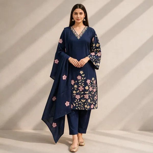 Navy_Blue_Floral_Print_Three_Piece_Suit_Set_For_Women