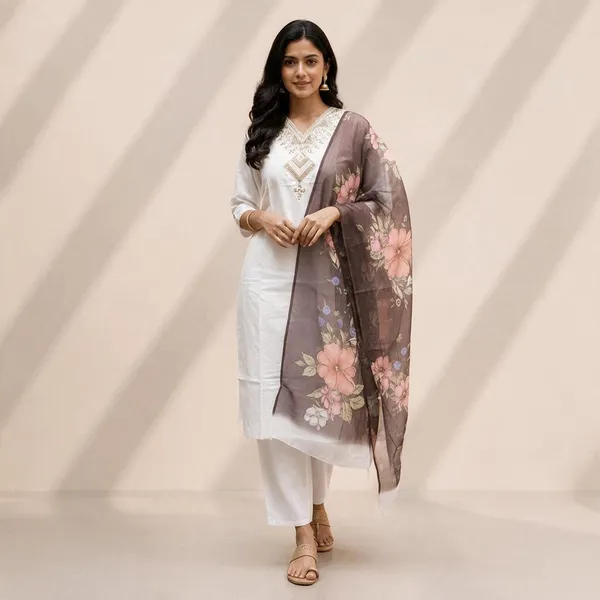 White_Embellished_Kurta_Set_With_Floral_Dupatta_For_Women