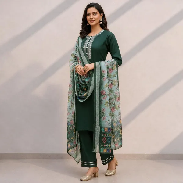 Dark_Green_Embroidered_Kurta_Set_With_Dupatta_for_Women