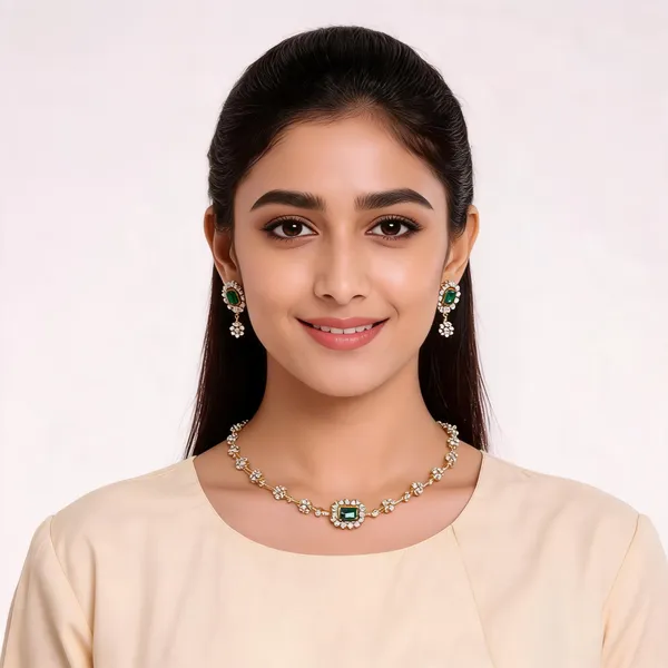 Gold_And_Green_Alloy_Necklace_And_Earrings_Set_For_Women