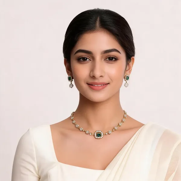 Gold_And_Green_Alloy_Necklace_And_Earrings_Set_For_Women