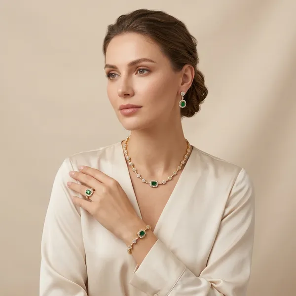 Gold_And_Green_Alloy_Necklace_And_Earrings_Set_For_Women