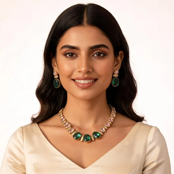 Gold_And_Green_Alloy_Necklace_And_Earrings_Set_For_Women