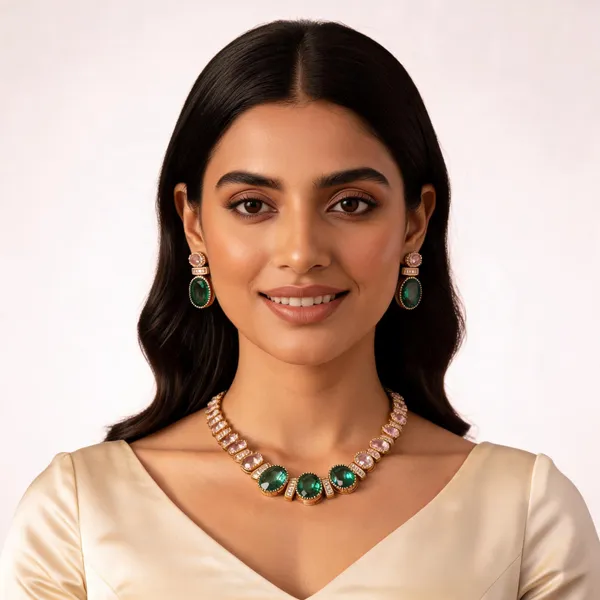 Gold_And_Green_Alloy_Necklace_And_Earrings_Set_For_Women
