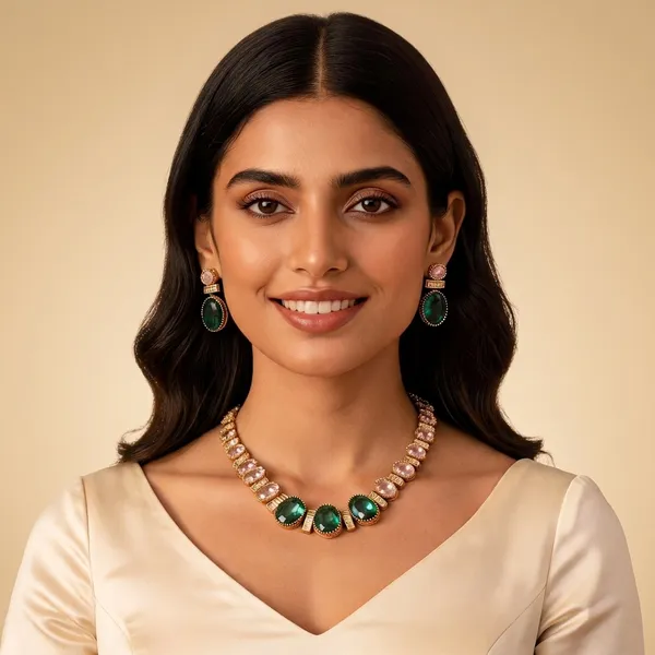 Gold_And_Green_Alloy_Necklace_And_Earrings_Set_For_Women
